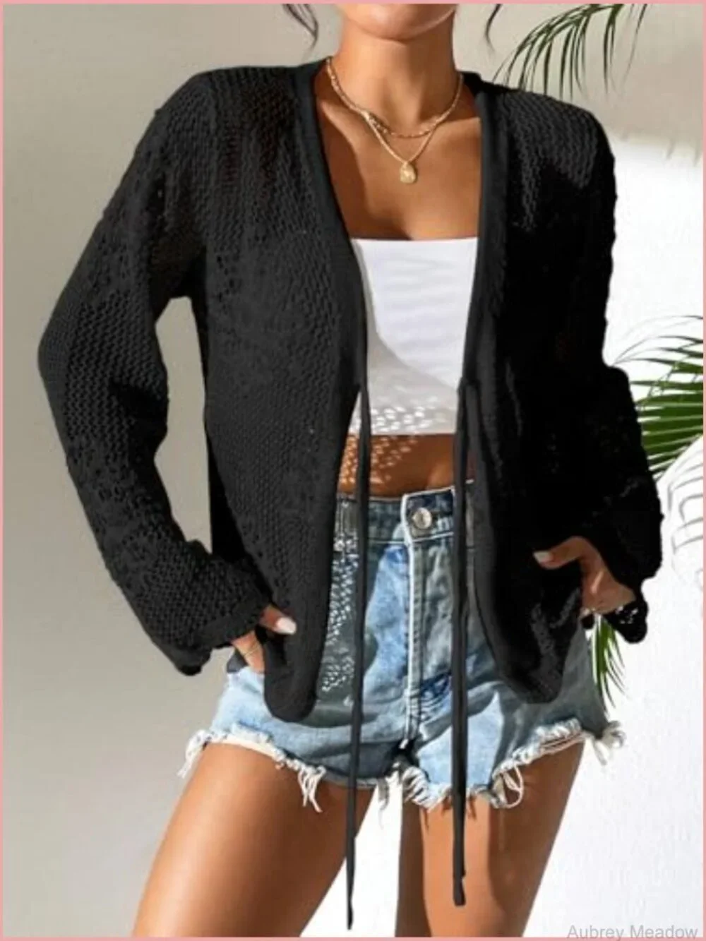 Lightweight Crochet Tie Front Cardigan Shrug Crop Top Knit Cover Up